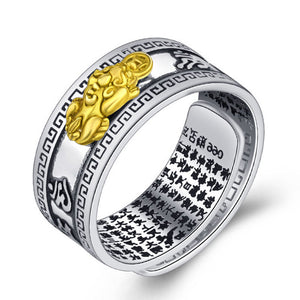 Anillo Ajustable de Feng Shui Pixiu con Mantra Budista para Atraer la Riqueza y Suerte